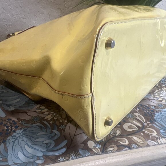 Project Bag-Arcadia Italian Handbag Embossed Patent Leather Satchel Yellow Tote - Picture 12 of 16